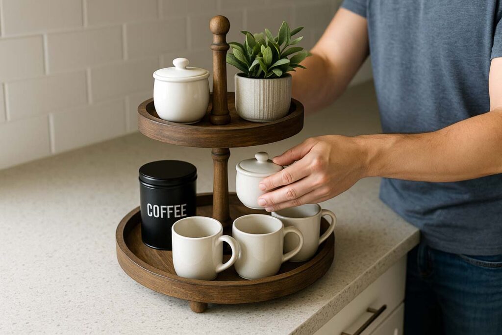 Hands arranging mugs and jars on a two tier tray for a coffee bar setup