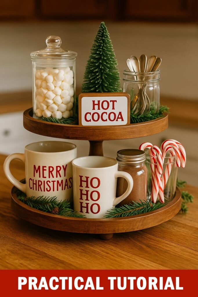 Christmas hot cocoa two tier tray with holiday mugs, cocoa jar, and candy canes