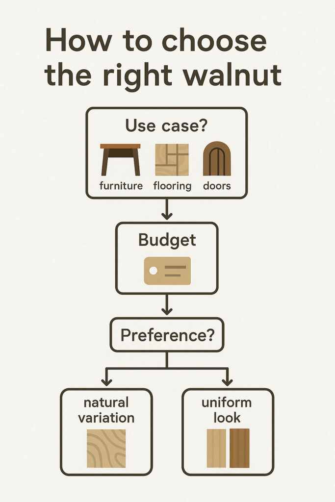 Simple infographic flowchart for choosing the right walnut wood