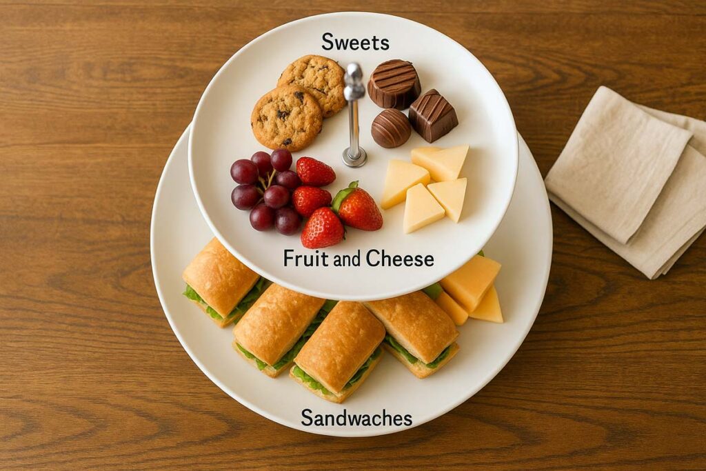 Overhead photo of a three-level food stand with sandwiches on the bottom, fruit and cheese in the middle, and sweets on top.
