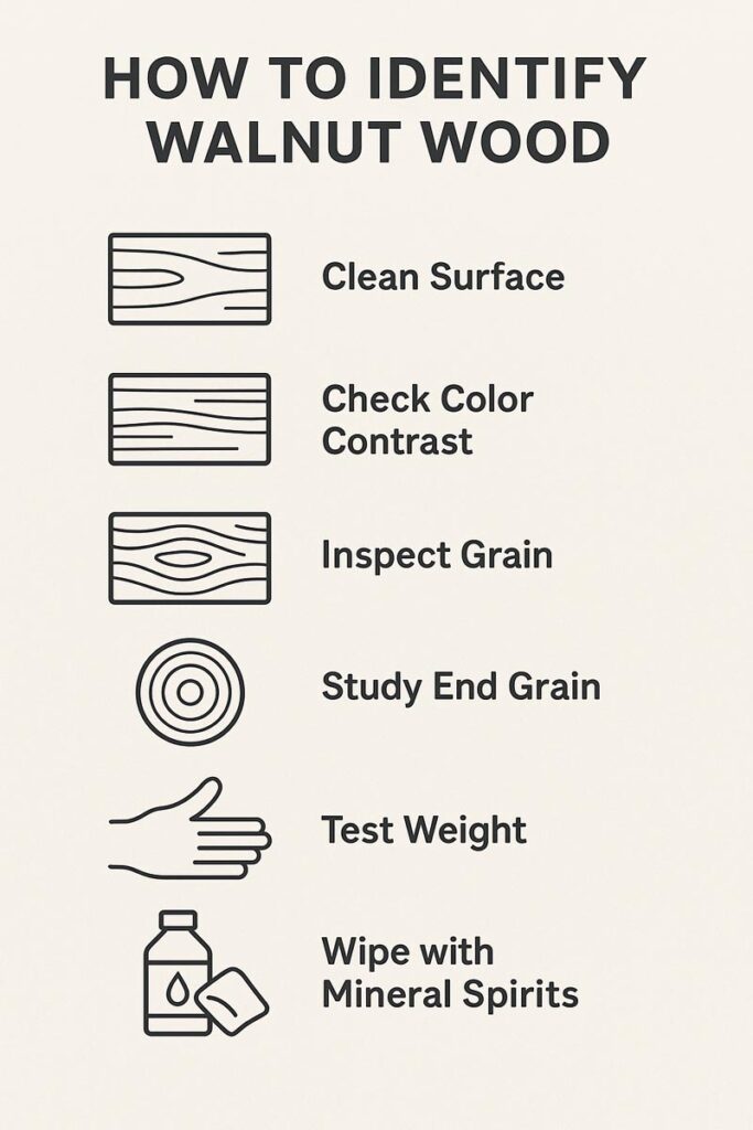Simple infographic showing key steps to identify walnut wood visually and by feel