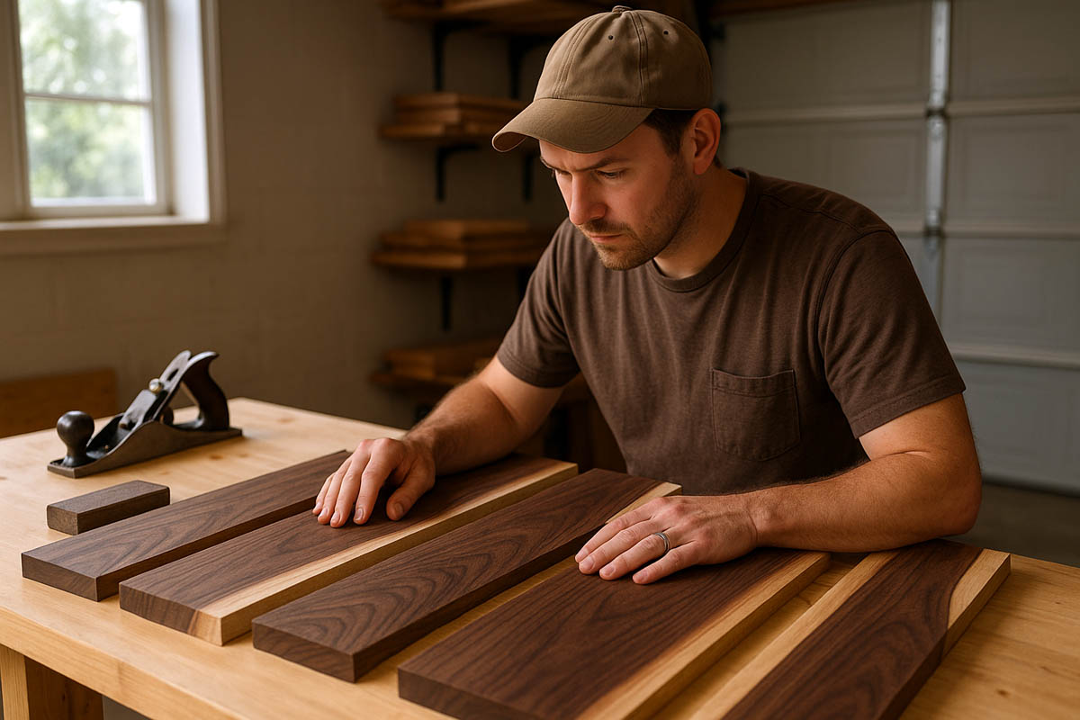To identify walnut wood, a woodworker examining walnut boards, checking color, grain, and sapwood.