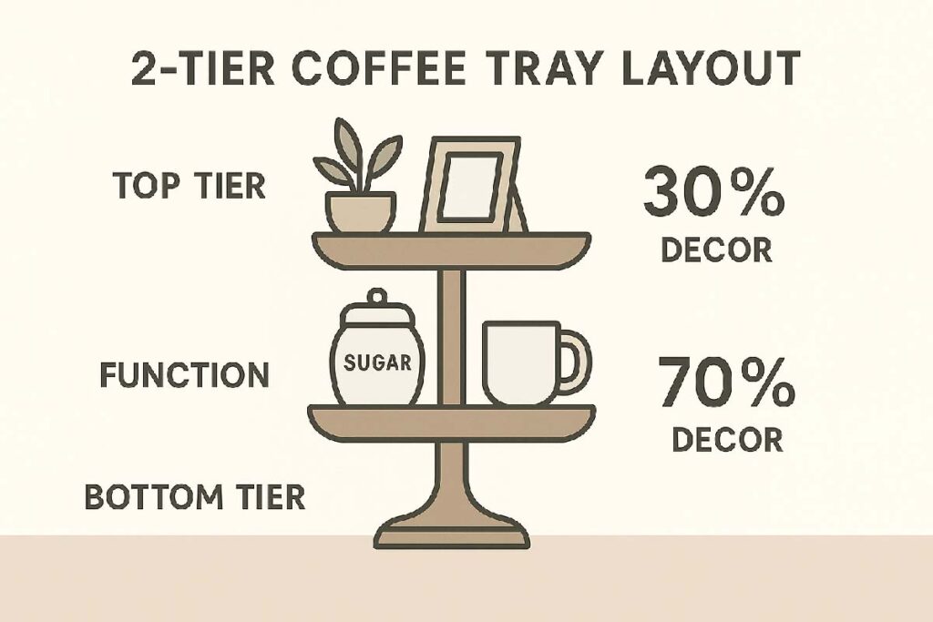 Infographic showing bottom tier for heavy coffee items and top tier for decor with 70 30 ratio