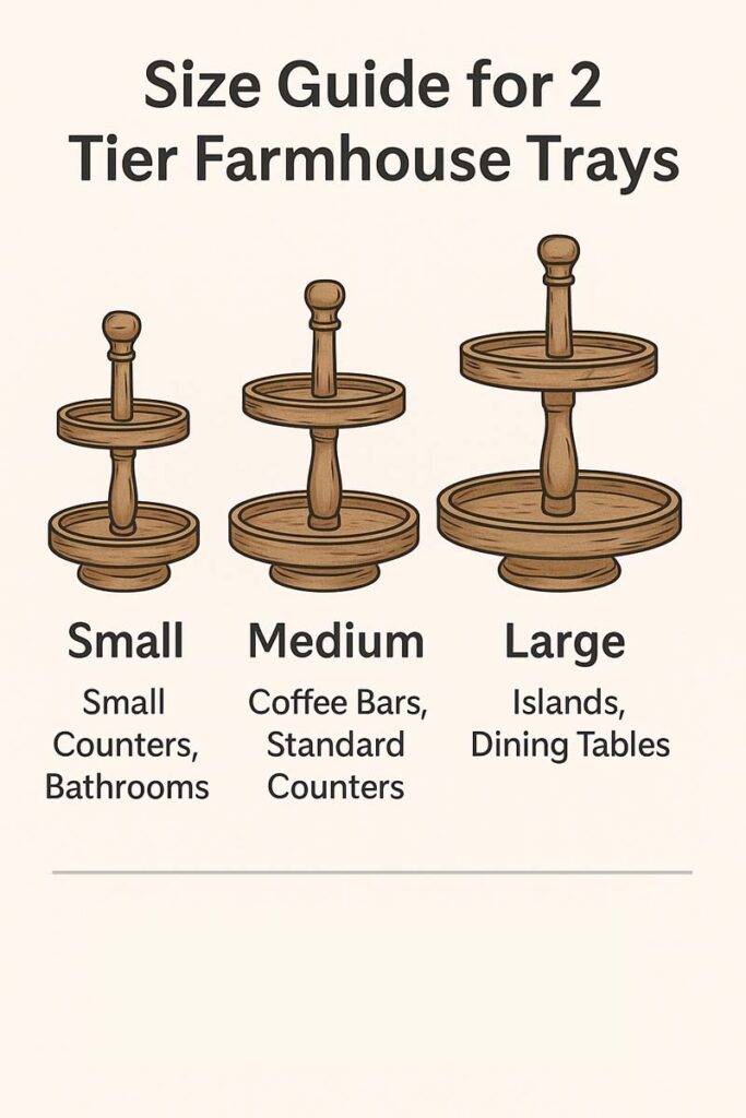 Infographic showing small medium and large 2 tier farmhouse tray sizes and best locations