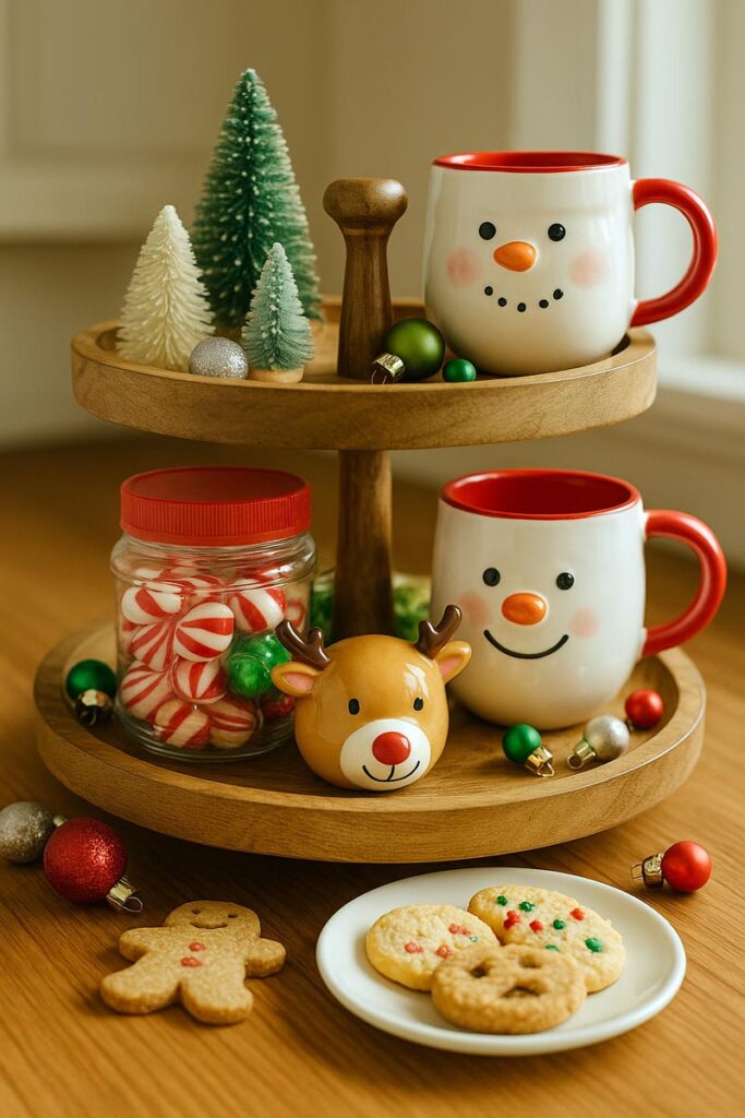 Christmas two tier tray for kids with candy jars, cookies, and fun mugs