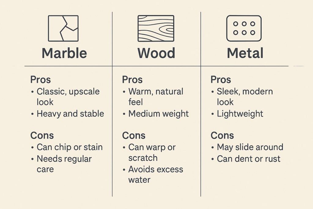 Infographic comparing marble, wood, and metal trays with simple pros and cons