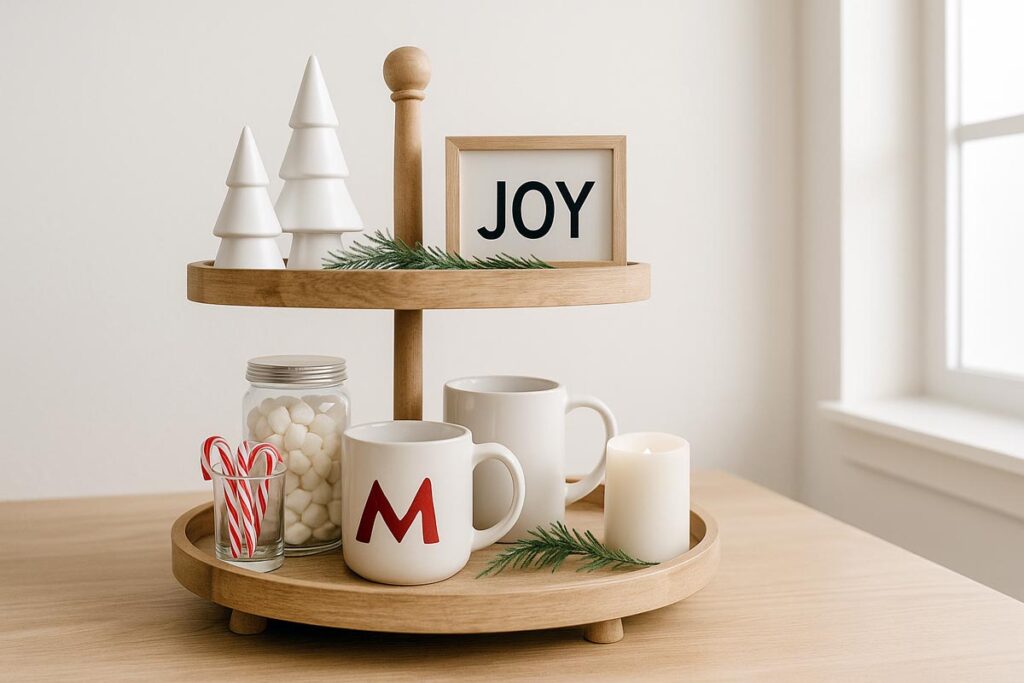 Minimal Scandinavian Christmas two tier tray with simple white decor and greenery