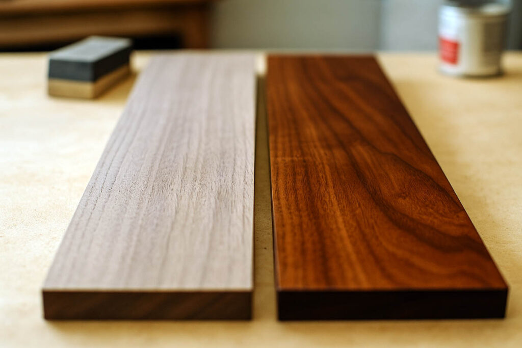 Comparison of raw sanded walnut board next to finished walnut board
