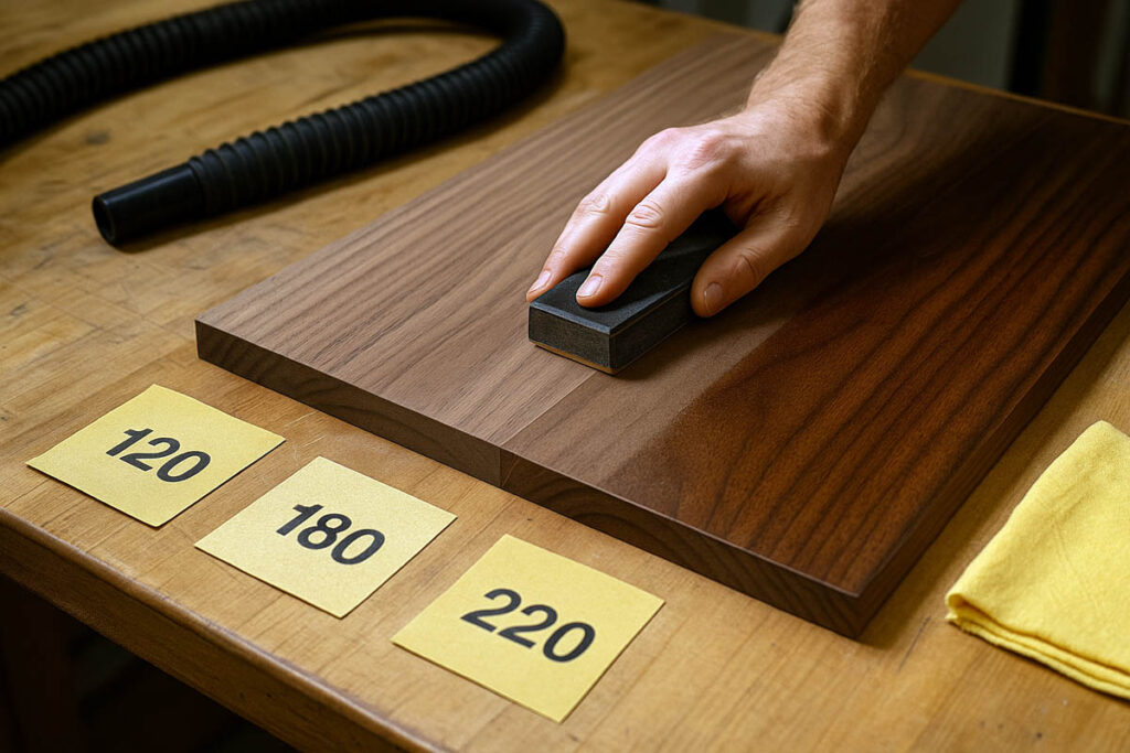 Person sanding a walnut tabletop with labeled sanding grits on the bench