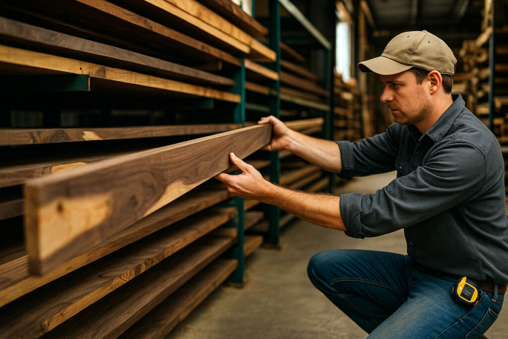 Woodworker sighting down walnut boards at a lumberyard rack