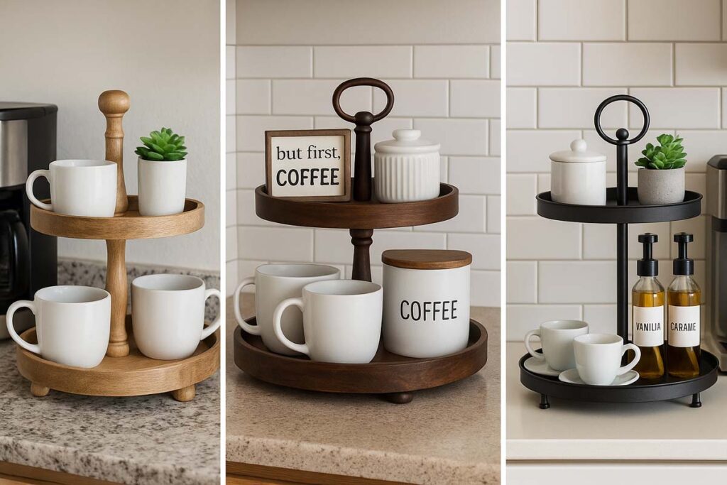 Three different coffee bar setups with 2 tier trays for apartment family and espresso stations