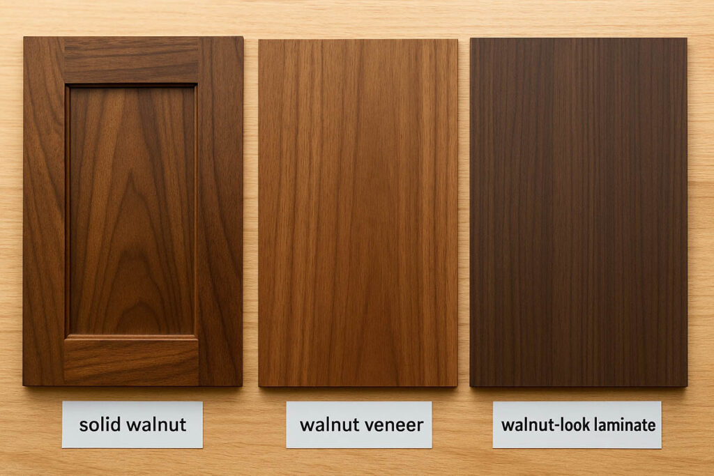 Three cabinet door samples in solid walnut, walnut veneer, and walnut-look laminate