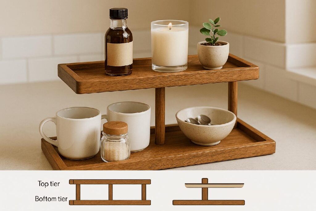 Styled 2 tier rectangle tray with coffee items and small decor arranged neatly