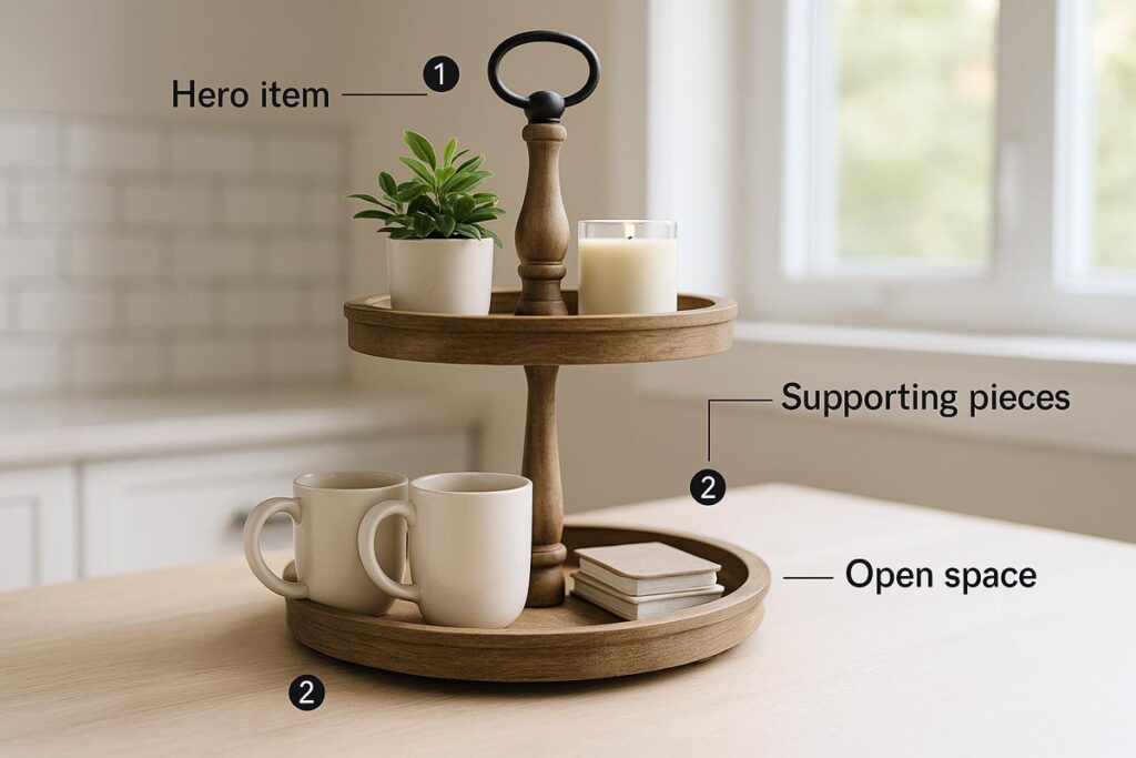 Partially styled two tier tray with numbered decor callouts on kitchen island