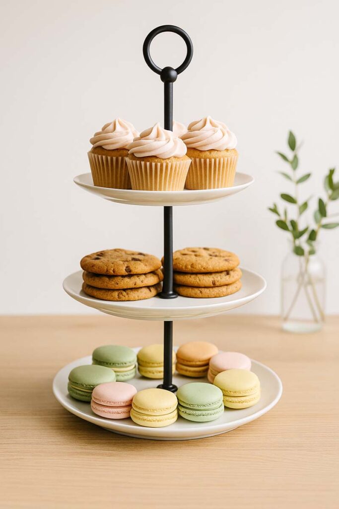 Close-up of a dessert station with a tiered stand holding cupcakes, cookies, and macarons against a simple modern background.
