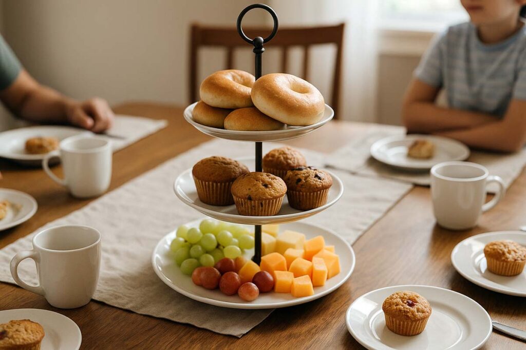 Three-level serving stand at a casual family brunch table holding bagels, muffins, fruit, and cheese with coffee mugs around it.