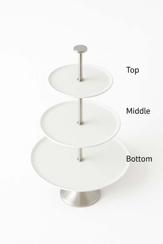 Overhead view of an empty three-level serving stand on a white table with labeled bottom, middle, and top tiers.
