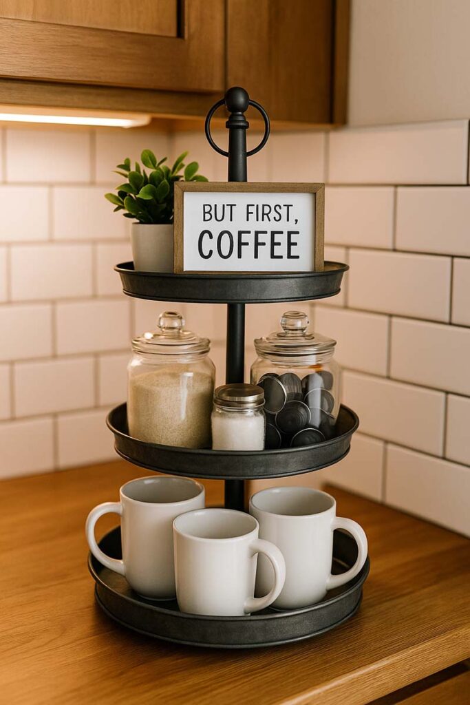Three-tier tray styled as a coffee bar with mugs, sugar jars, coffee pods, and a small plant on a wood counter.