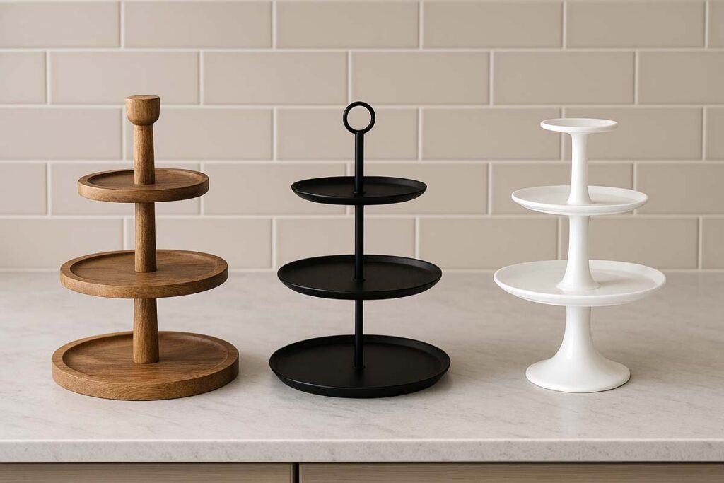 Wood, metal, and ceramic tiered serving stands side by side on a kitchen counter showing different materials and finishes.