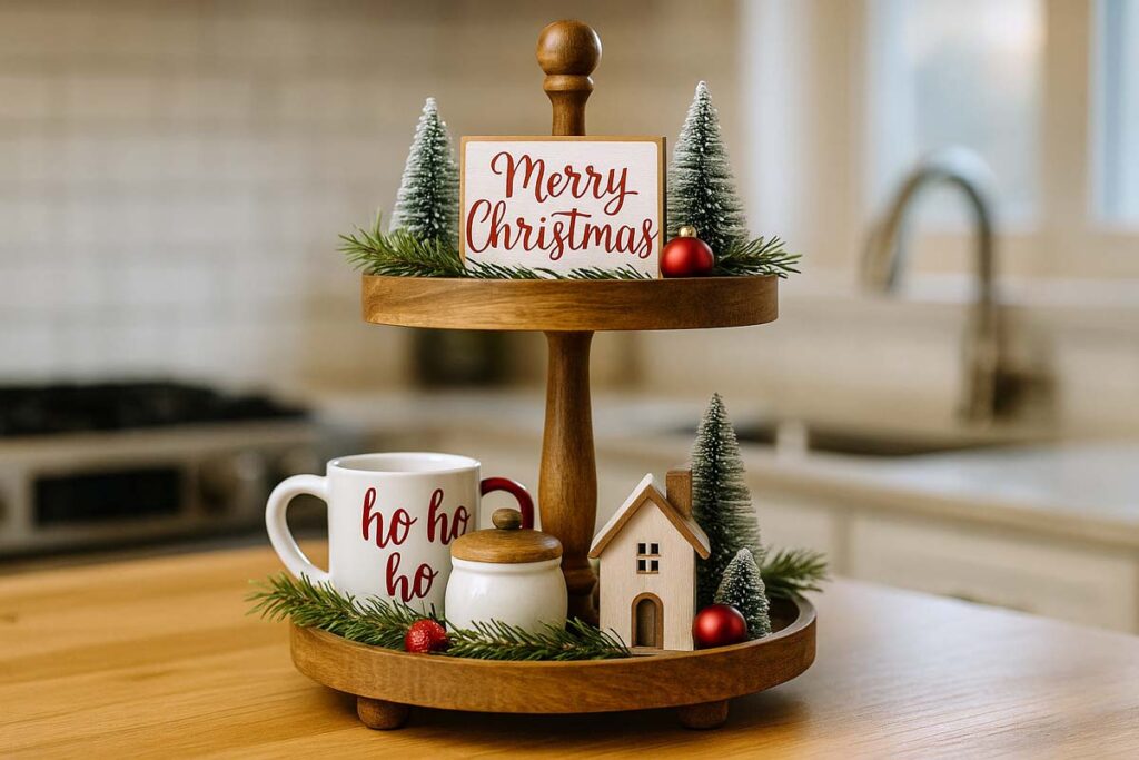 Top tier of a Christmas 2 tier tray with sign and small trees