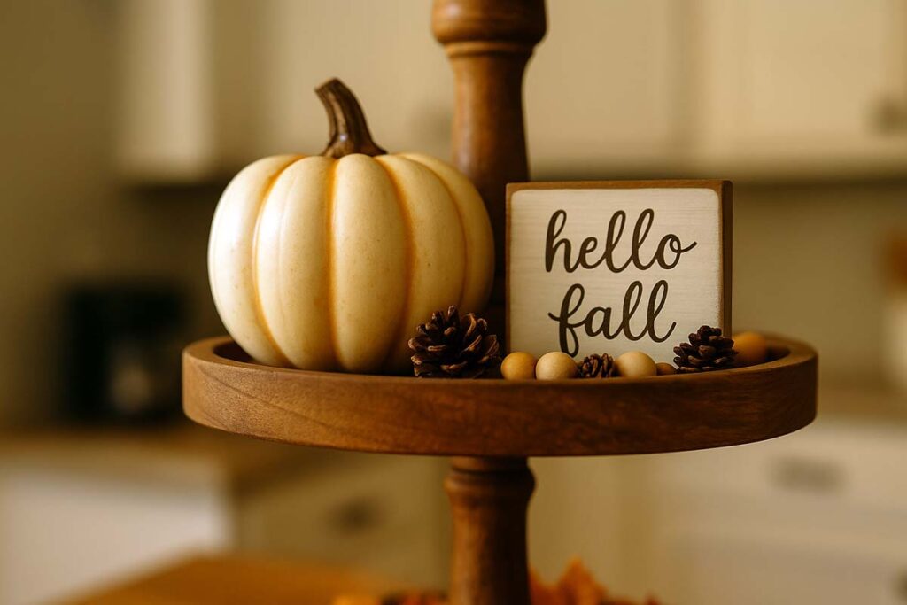 Close-up of the top tier of a fall decorated 2 tier tray with pumpkin and sign