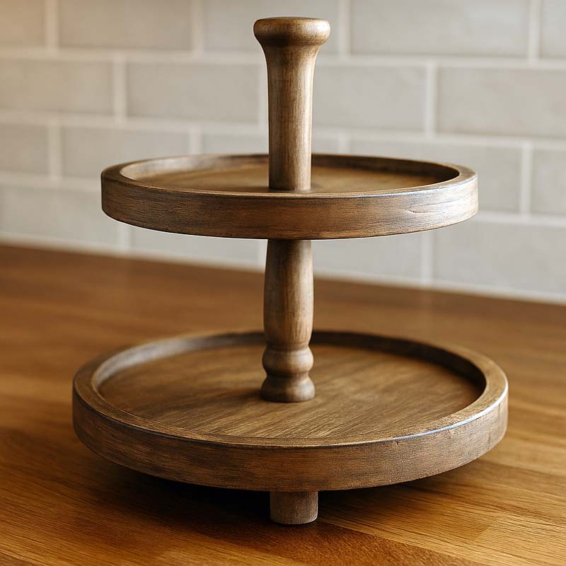 Close-up of rustic wooden two tier farmhouse tray showing tiers, center post, and base