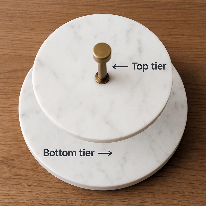 Top-down view of a two tier marble tray with labeled bottom tier, top tier, and center post.