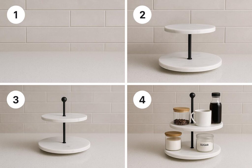 Overhead photo sequence showing four numbered stages of setting up a two tier marble tray