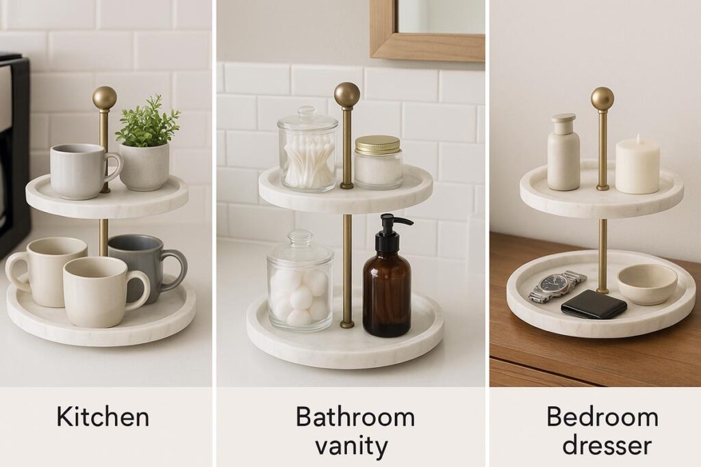 Collage of a two tier marble tray used in a kitchen coffee station, bathroom vanity, and bedroom dresser.