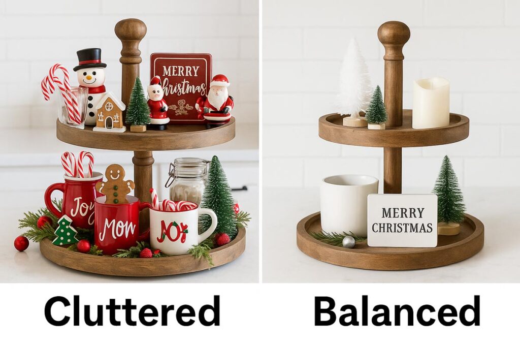 Split screen of cluttered Christmas tray and a simplified balanced tray