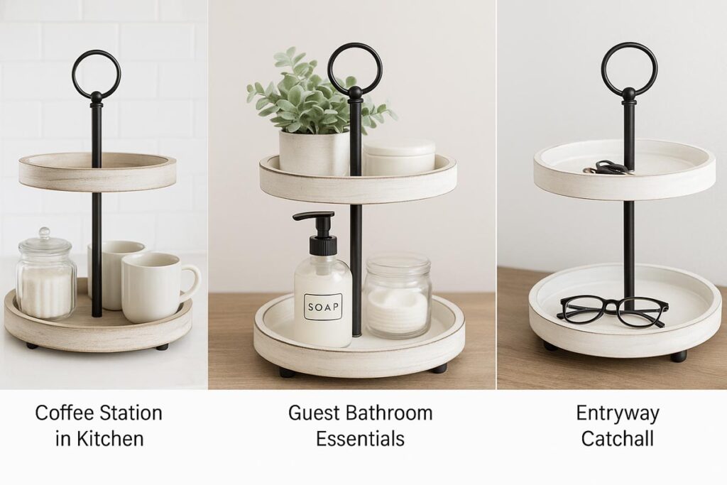 Two tier decorative tray shown in kitchen, bathroom and entryway