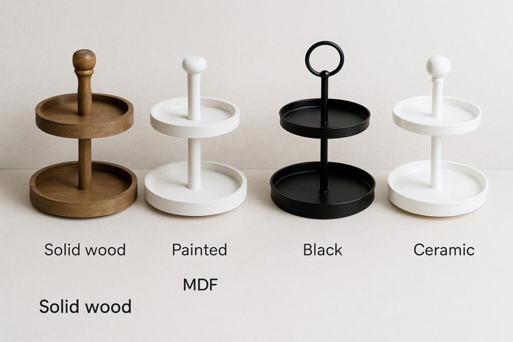 Four different two tier tray materials side by side on neutral background