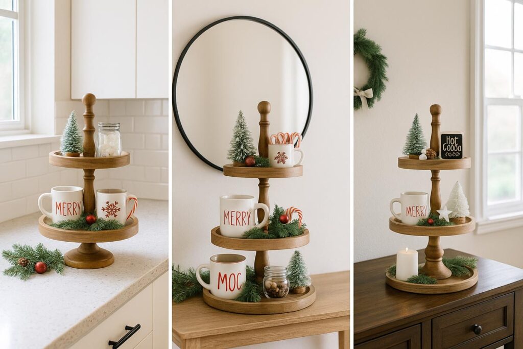 Same Christmas two tier tray shown on kitchen counter, entry table, and sideboard