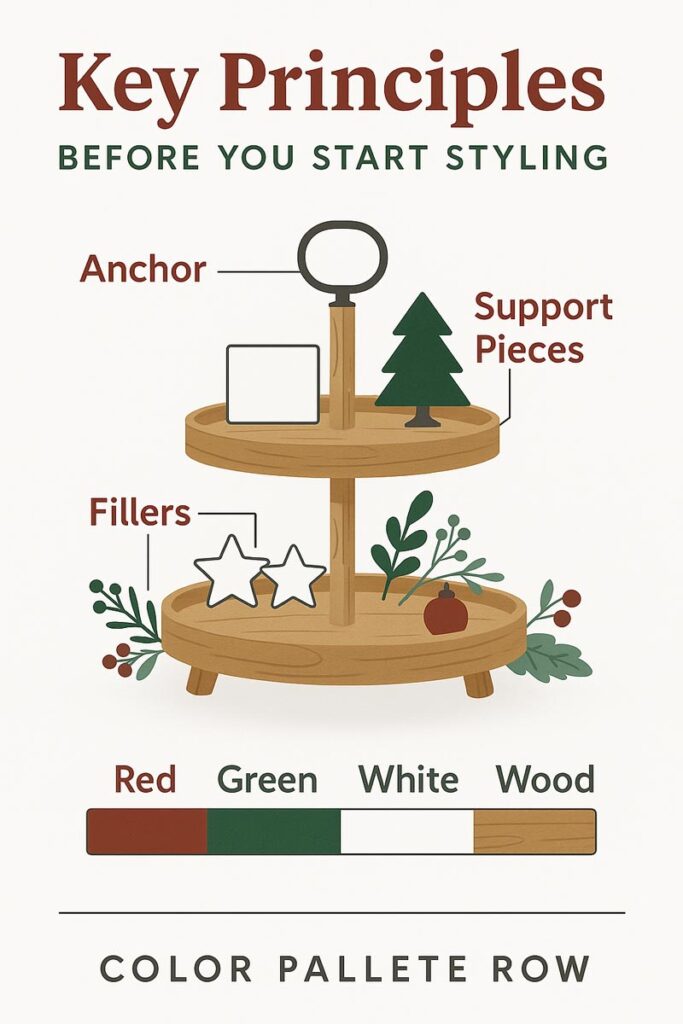 Infographic showing labeled zones of a Christmas two tier tray and a simple color palette row