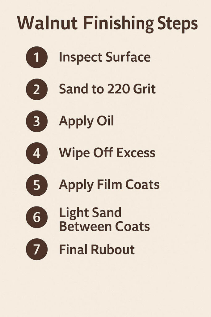 Checklist infographic summarizing the main steps to finish walnut wood
