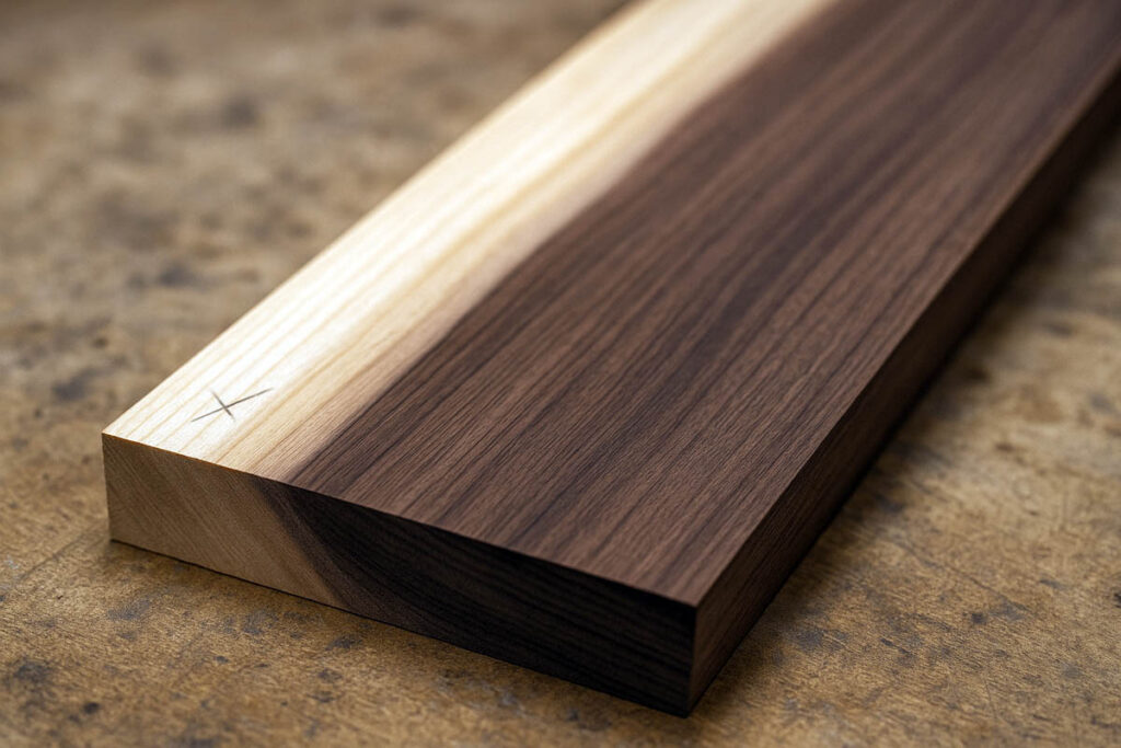 a walnut board end showing dark heartwood and pale sapwood side by side