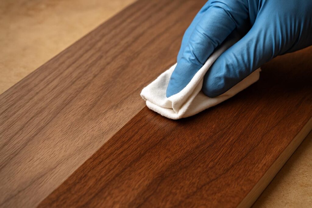 Mineral spirits being wiped on walnut to reveal grain and color.