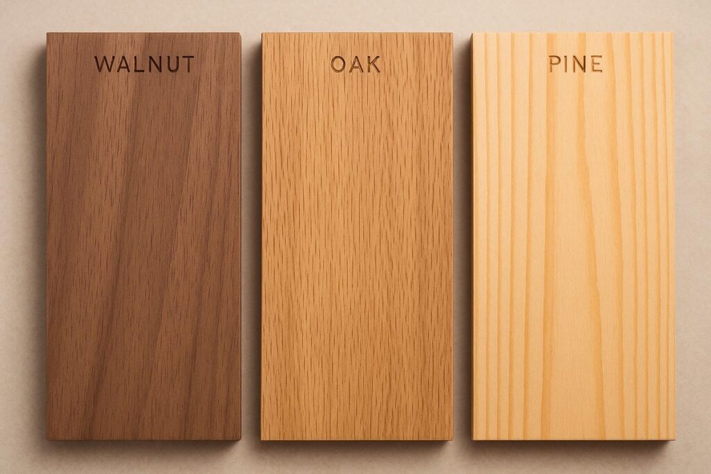 Side-by-side comparison of walnut, oak, and pine grain patterns