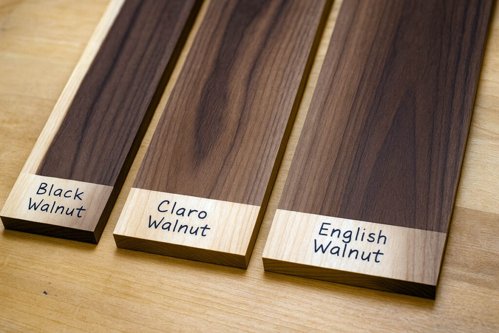Black walnut, Claro walnut, and English walnut sample boards labeled on a workbench showing different colors and grain patterns