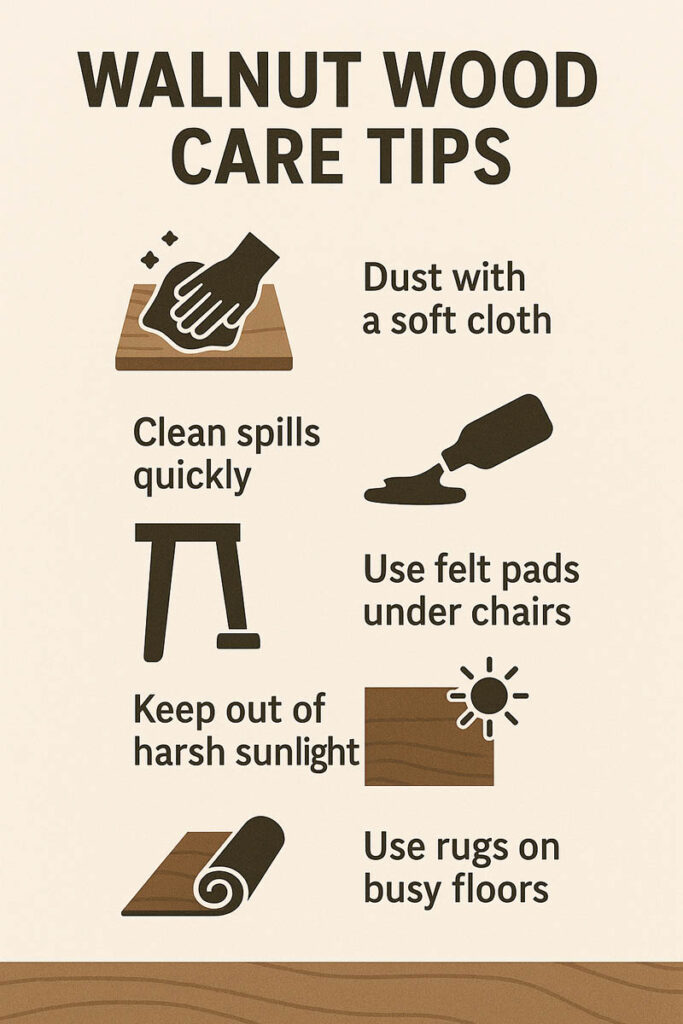 Infographic showing basic care tips for walnut furniture and floors