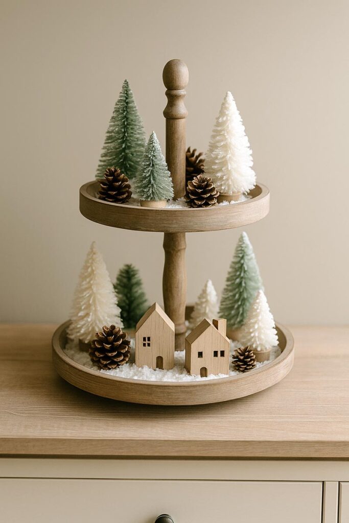 Neutral winter woods themed two tier tray with trees, houses, and pinecones