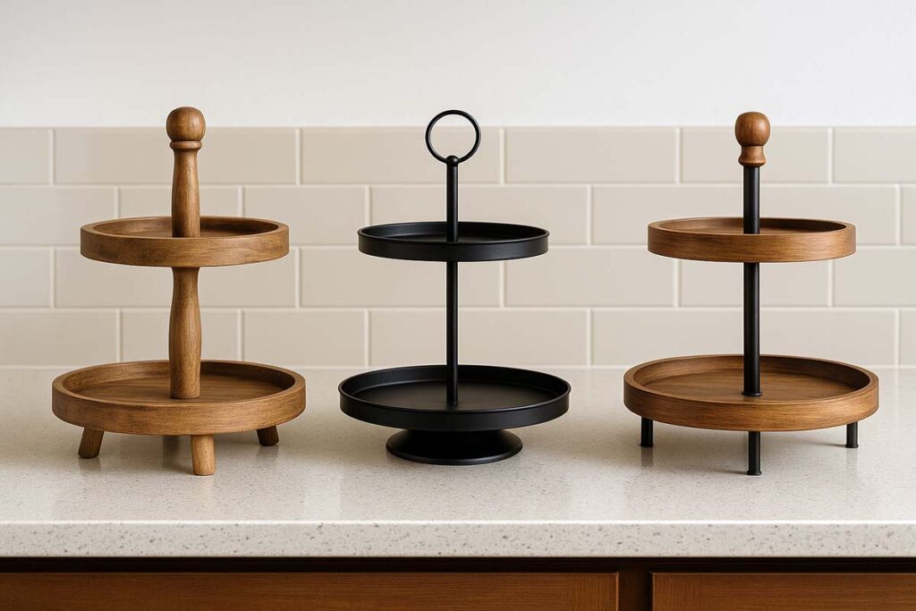 Comparison of wooden metal and mixed 2 tier coffee trays on a kitchen counter