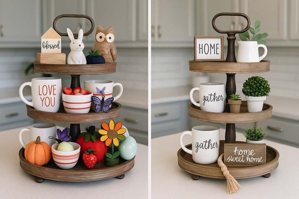 Side-by-side comparison of cluttered 3 tier tray and balanced, well-styled 3 tier tray