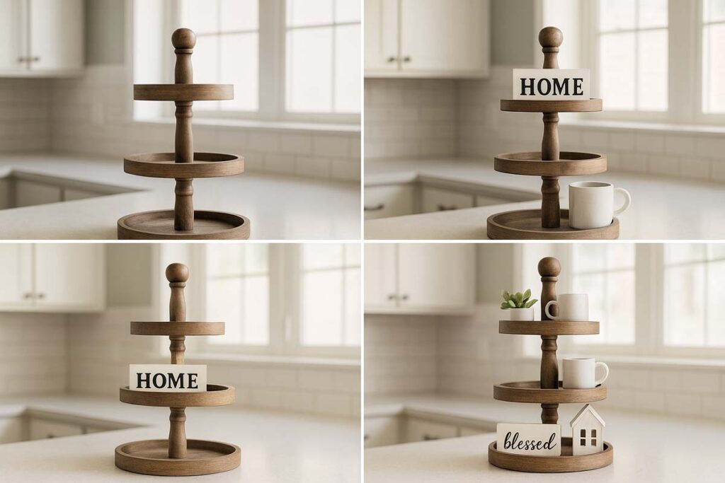 Four-step collage showing how to decorate a 3 tier tray from empty to finished