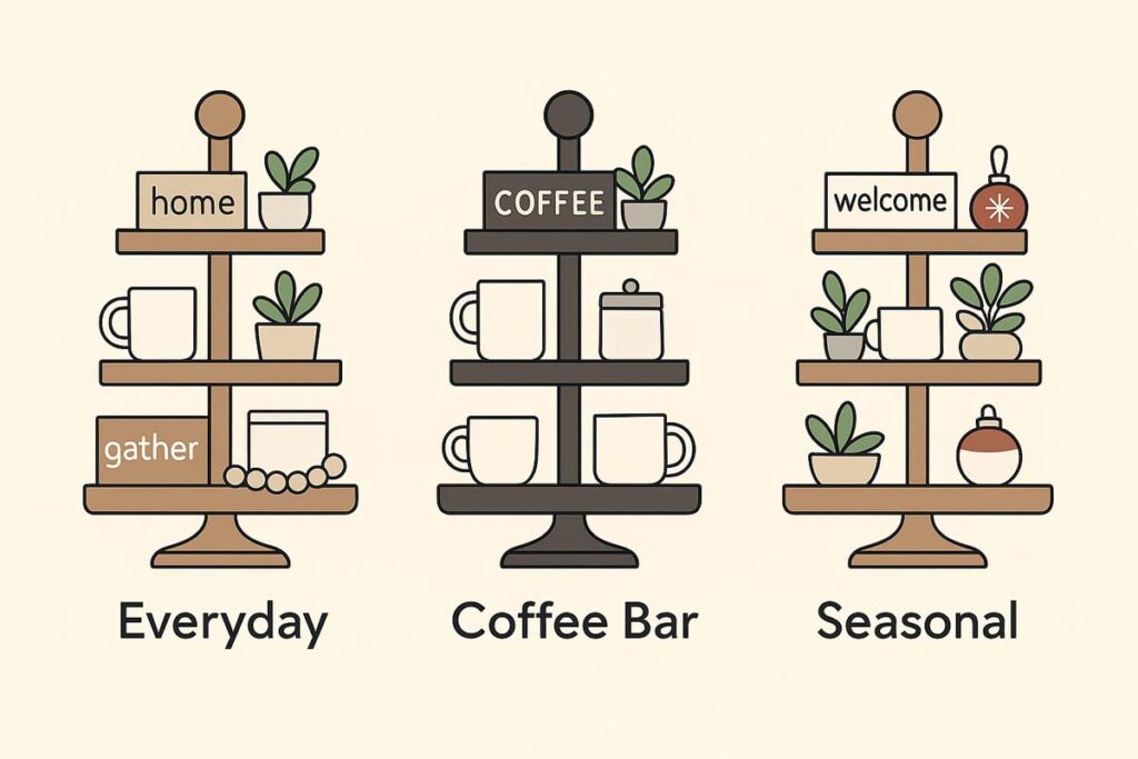 Infographic comparing everyday, coffee bar, and seasonal 3 tier tray decor themes