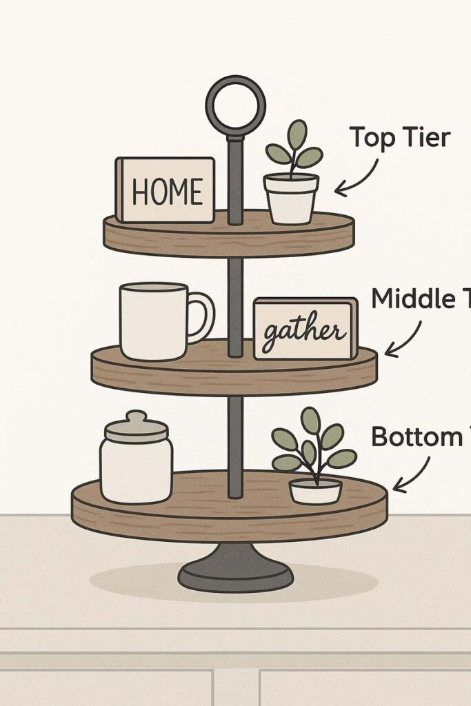 Diagram of a 3 tier tray with top, middle, and bottom tiers labeled and annotated