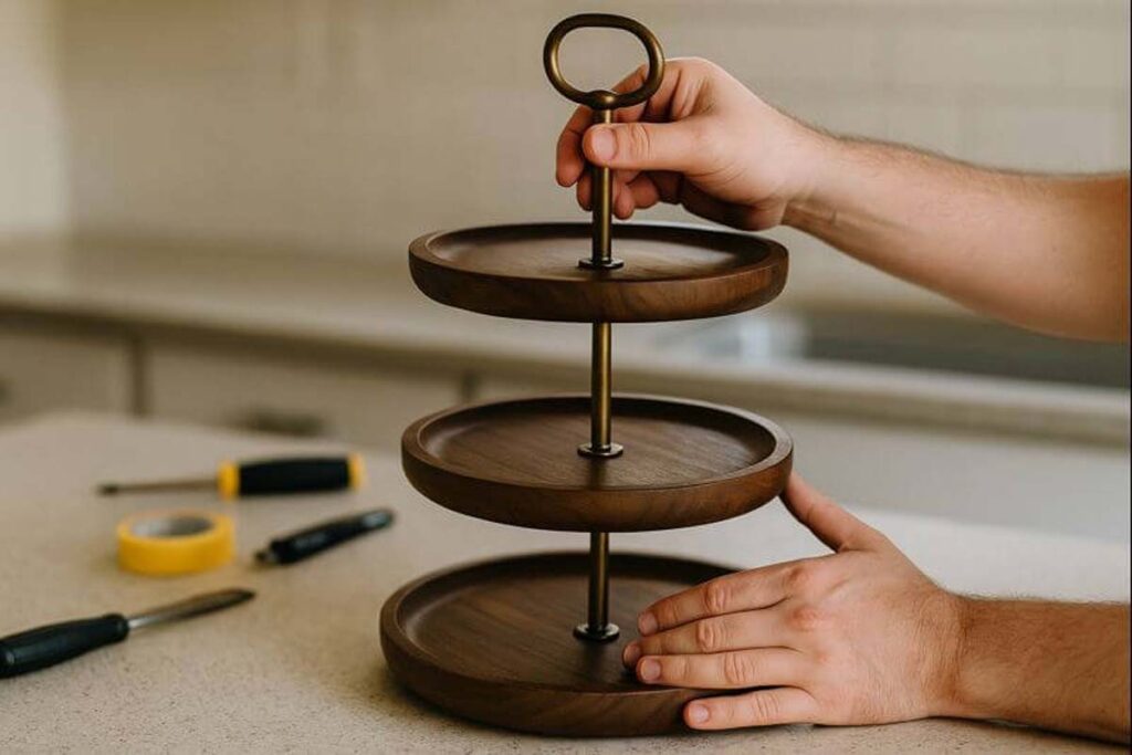 Hands checking vintage tray handle and base for wobble