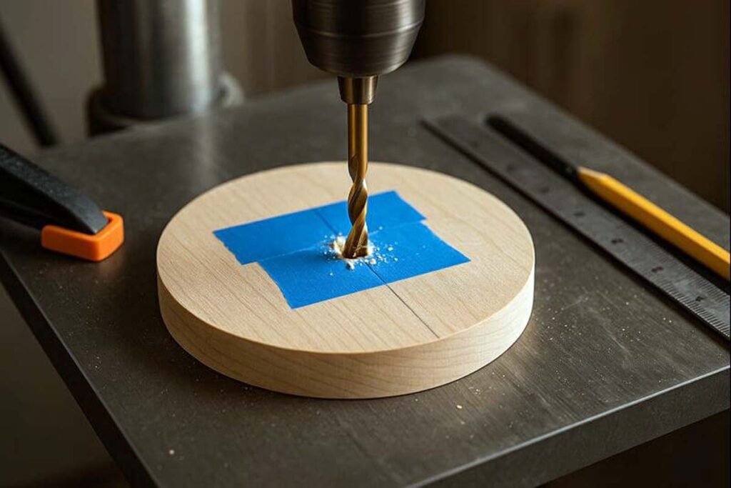 Drilling a clean center hole in a wooden tray tier