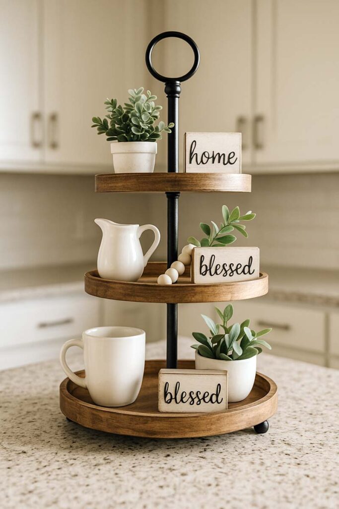 Farmhouse 3 tier tray styled with neutral decor and greenery on a kitchen counter