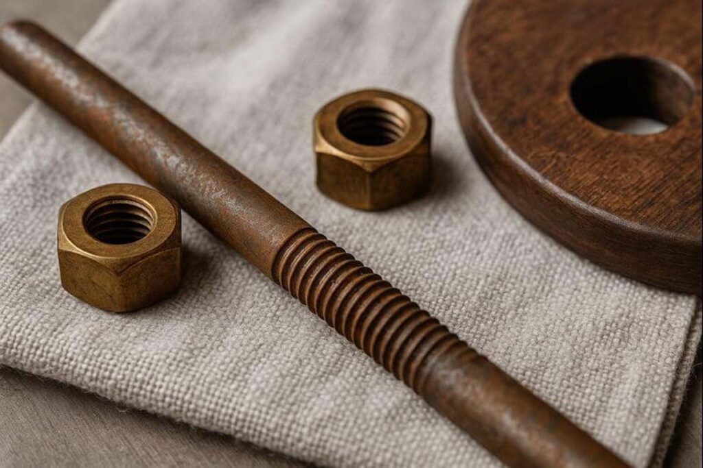 Close-up of tarnished tray rod and nuts before cleaning